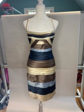 BCBG Striped Satin Bandage Mini Dress in Navy, Brown & Cream